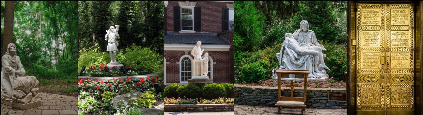 Shrines on the grounds of Malvern Retreat House: the Agony in the Garden, the Good Shepherd, St. Joseph, the Piet&agrave; and the Golden Doors