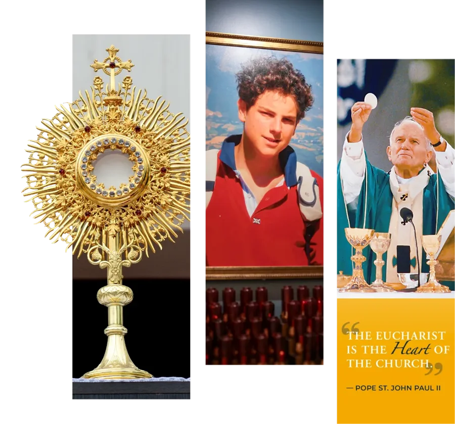 A monstrance, a portrait of St. Carlo Acutis above votive candles, and Pope St. John Paul II elevating the Host, with his words: The Eucharist is the heart of the Church
